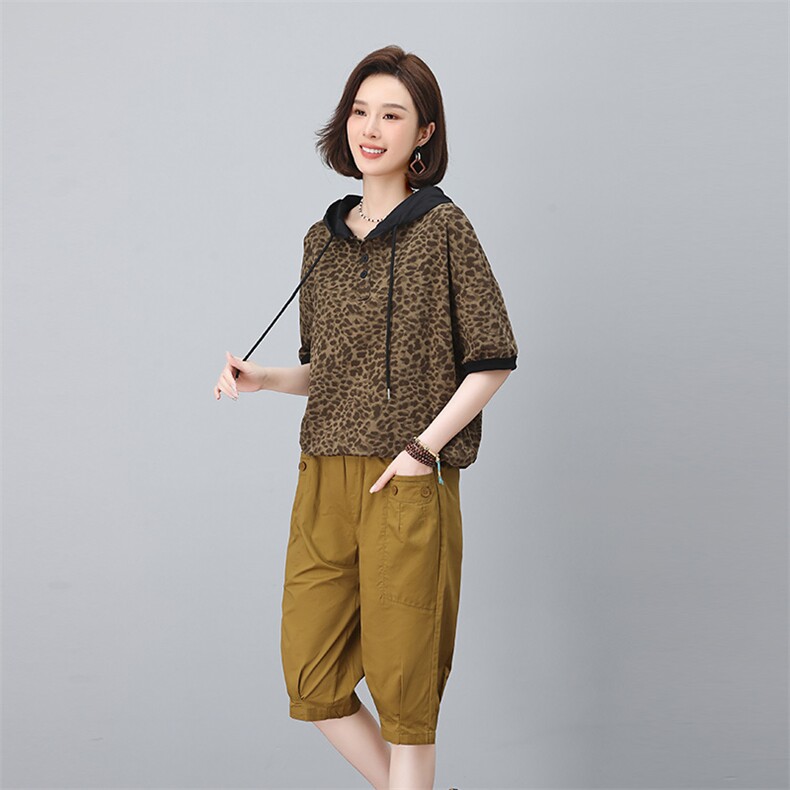 连帽卫衣套装女2025夏季新款时尚中老年妈妈半袖豹纹休闲裤两件套,女装套装/套裙,涵誉