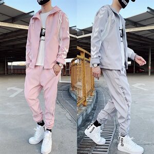 现货 男士春秋新款夹克套装潮流休闲运动两件套男女班服 T12 P85图片