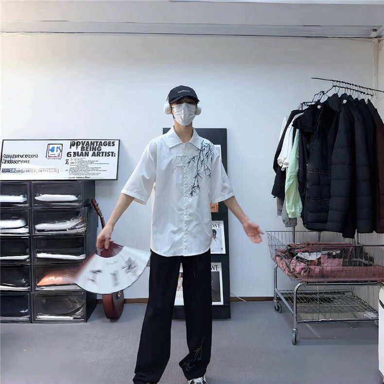 新中式男装风刺绣竹子短袖衬衫男款七分袖衬衣1007-H60-特P35,男装衬衫,星座1007（原301D）