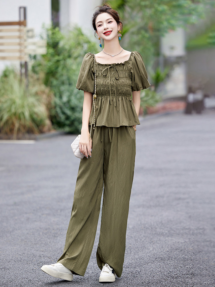 欧货休闲阔腿裤套装女2025夏新款时尚小个子娃娃衫显瘦遮肉两件套,女装套装/套裙,美静678