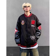 印花春秋徽章拼接皮袖男女情侣撞色棒球服外套潮宽松夹克J835，男装夹克，星座1116A（原606A-3）
