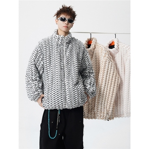 冬季男士棉服兔毛条纹绒虎皮纹宽松加绒加厚外套棉衣特p95图片