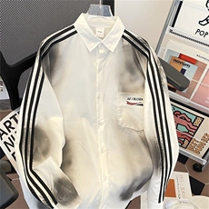美式复古脏染做旧条纹拼接宽松休闲长袖衬衫HC173P40，男装衬衫，星座1116-2