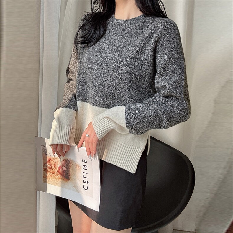 圆领撞色羊毛衫女款2024新款毛衣女加厚花纱慵懒风针织衫女,女装羊毛衫,臻纶羊绒