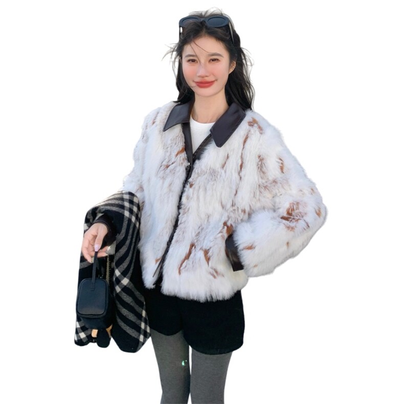 韩系设计感拼皮仿皮草女2025冬季新款小个子加厚保暖短款毛毛外套,女装短外套,艾米莉亚