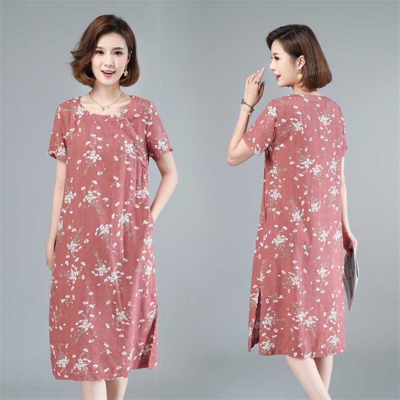 2021年夏季中长款通勤高腰A字裙40-49周岁印花圆领套头韩版裙子,女装连衣裙,伊满意