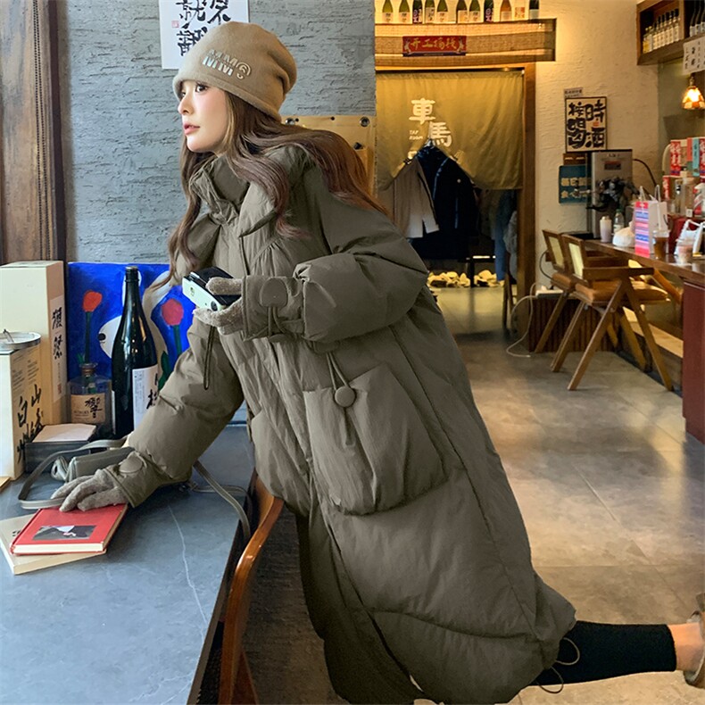 军绿色羽绒服女冬季新款韩系宽松长款过膝保暖加厚连帽白鸭绒外套,女装羽绒服,1D066-1