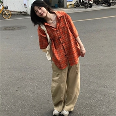原宿简约日系日系复古格子衬衫女夏季多巴胺潮无品牌潮流ins新款，男装衬衫，星座506A
