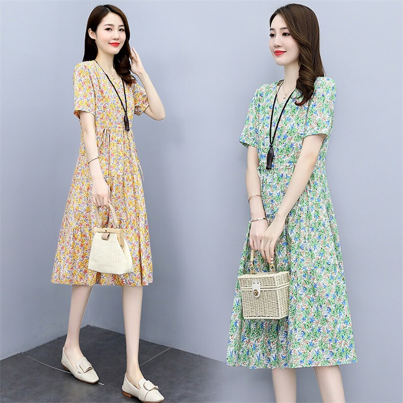 小碎花棉麻连衣裙女2025新款小个子收腰显瘦减龄夏天短袖亚麻裙子图片
