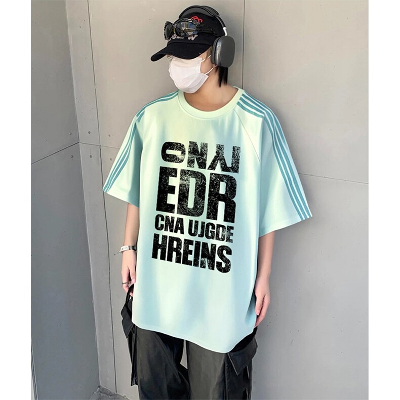 抖音得物品质二开240克宽松纯棉美式潮牌印花三条杠中性风短袖T恤,男装T恤,电商A486