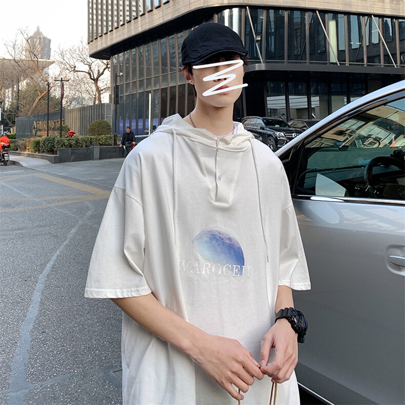 LD54154-P45连帽短袖t恤男大码胖子带帽五分袖中袖,男装T恤,电商A040