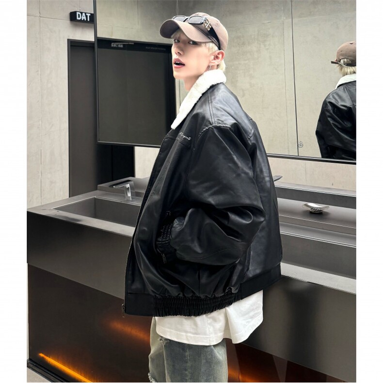 美式黑色长袖皮衣夹克男士外套冬季加绒超好看宽松机车外套男P128,男装夹克,电商C307