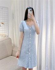 DINOBIENS【现货】夏季新款韩系方领格子连衣裙，女装连衣裙，迪诺比亚