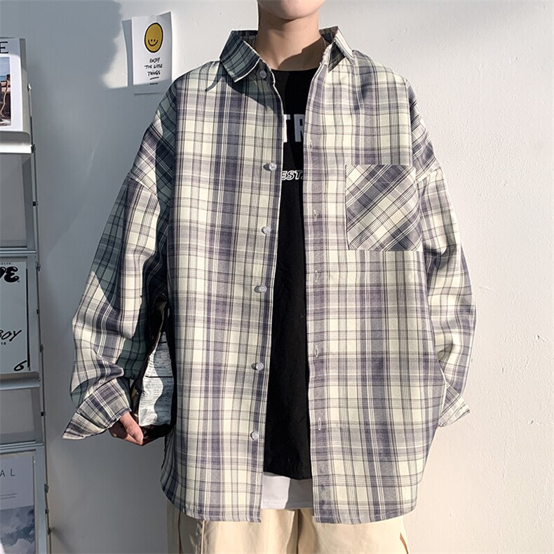 2025春款港风潮牌oversize休闲宽松外套男撞色格子衬衫C3303-P40图片