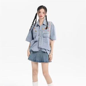 复古水洗卡通刺绣牛仔女港风宽松短袖工装衬衫男衬衫网图CS610p55图片