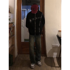 B221美式ins高街暗黑双拉链宽松开衫卫衣外套SY2308-P95控128，男装卫衣，电商B221