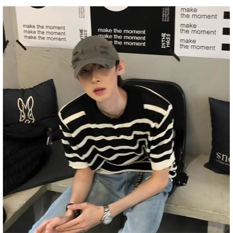 D2806-特P40夏季新款拼色条纹针织T恤男宽松百搭短袖潮-网图现货,男装针织衫/毛衣,星座603-2