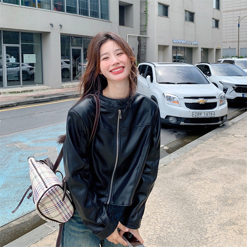 黑色复古皮衣外套女2025年秋季新款韩版小个子又酷又飒机车风夹克,女装皮衣,幸运星