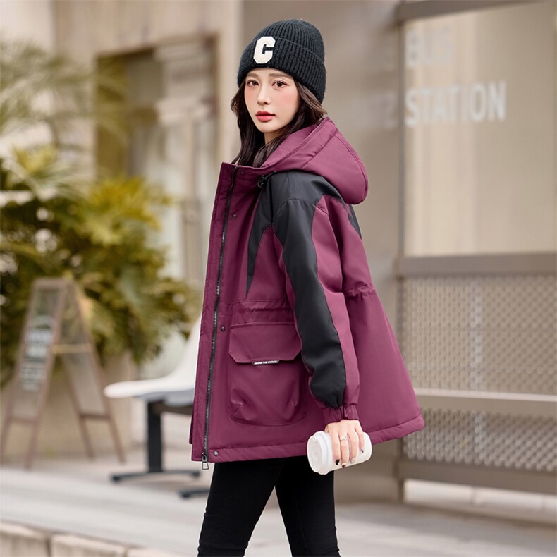 撞色拼接工装派克羽绒服女2024冬新款时尚休闲保暖加厚白鸭绒外套,女装羽绒服,采品优优