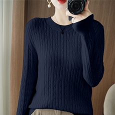 2025年秋季新款百搭女士小麻花圆领抽条针织衫，女装针织衫/毛衣，品高羊绒
