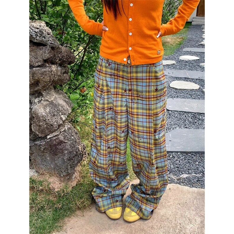 美式复古撞色条纹涂鸦阔腿休闲裤女春夏新款设计感宽松垂感长裤潮图片