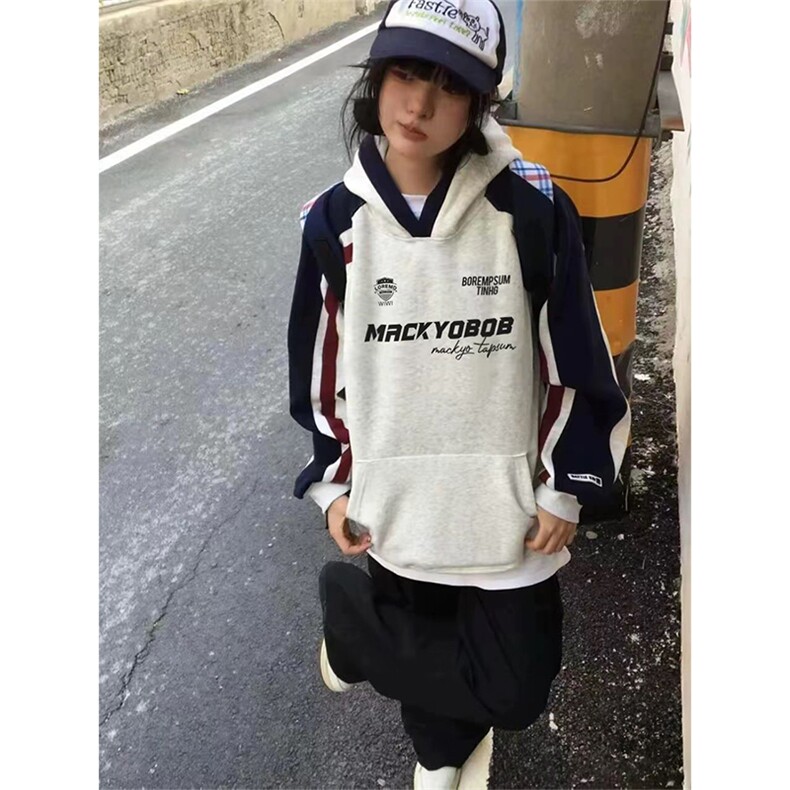 抖音得物秋装美式重磅全棉拼接撞色连帽卫印花衣外套A3207,女装短外套,电商A443