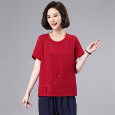 夏季刺绣短袖雪纺衫女2022年新款中年妈妈薄款小衫小个子复古上衣，女装蕾丝衫/雪纺衫，奕阳依阁