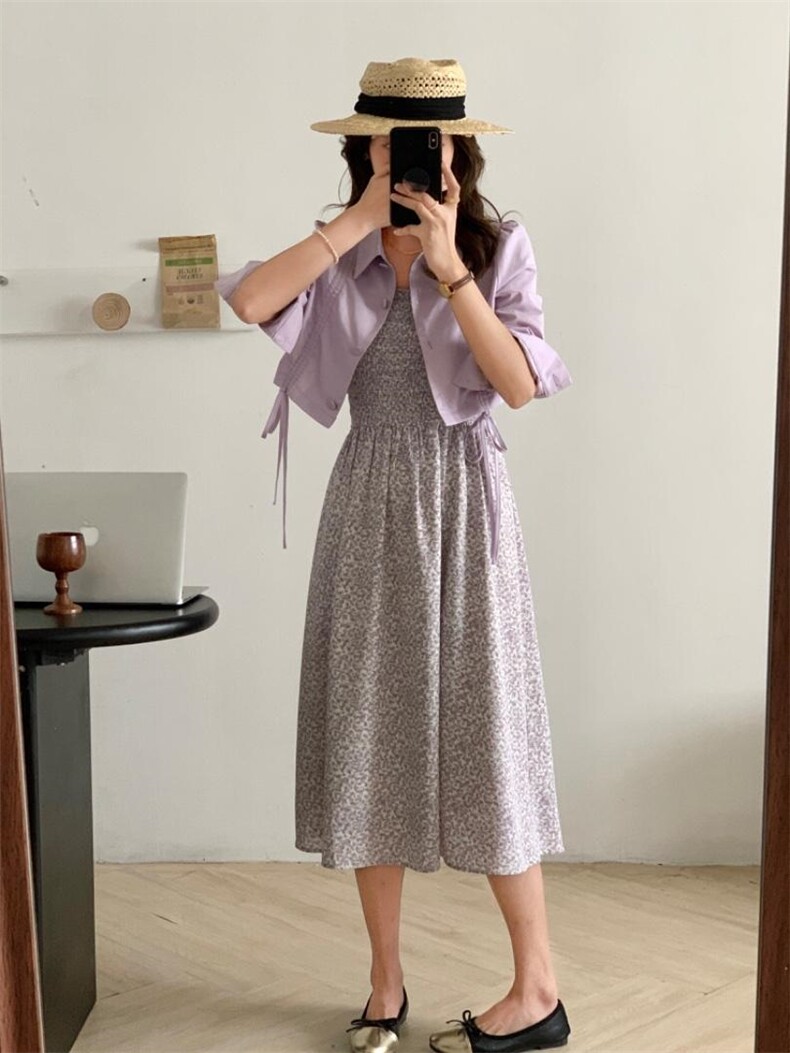 春款水洗外套吊带碎花裙两件套套装，女装背心吊带，佳其