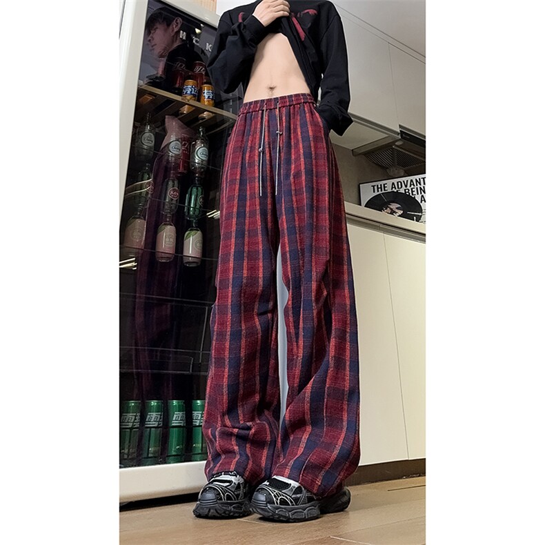 现货自家图美式红色格子毛呢宽松直筒阔腿休闲裤K661-P50控68，男装休闲裤，星座205-5