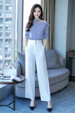 轻熟风职业女夏季2024新款露肩条纹衬衫阔腿裤垂感显瘦，女装休闲裤，海爱依仁