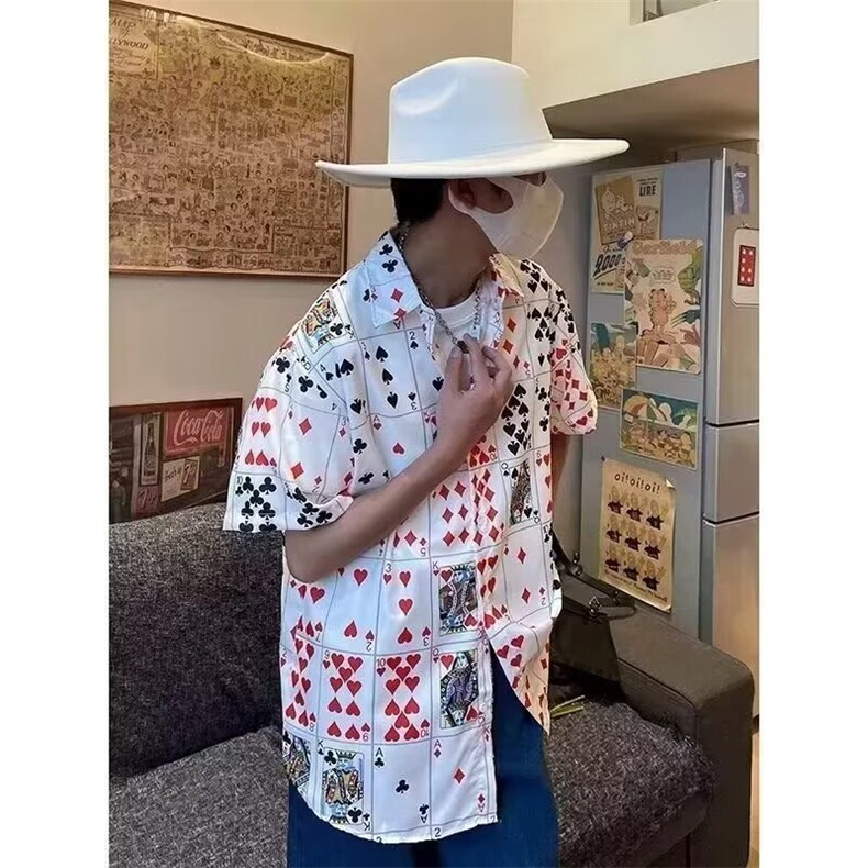 麻将衣服扑克牌大码宽松情侣嘻哈短袖麻将花衬衫复古港风日系男女,男装衬衫,星座1210-1