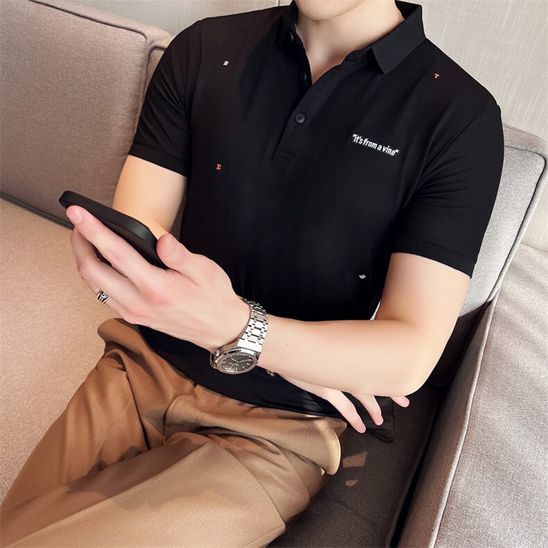 2024夏季新款 英伦风高品质修身刺绣POLO衫冰丝短袖T恤男D257-p48图片