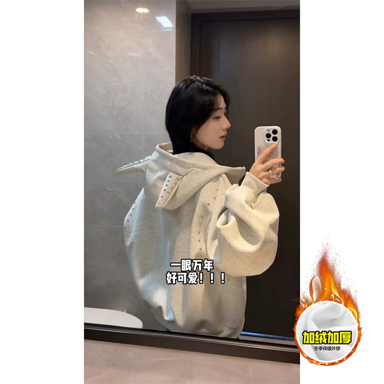 480G重磅加绒硬挺boxy男女美式高街卫衣铆钉杜宾犬耳朵开衫厚外套,女装短外套,电商A486-1