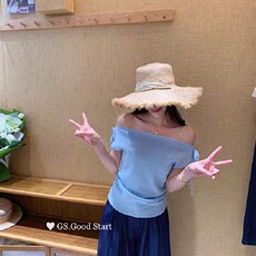 辣妹露肩短袖T恤女新款设计感斜肩系带修身短款上衣，男装针织衫/毛衣，星座1210-1