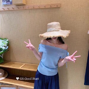 辣妹露肩短袖T恤女新款设计感斜肩系带修身短款上衣图片