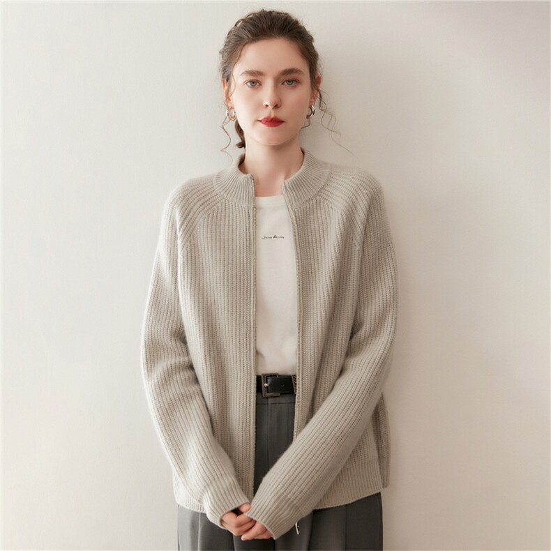 慵懒软糯~显瘦立领拉链山羊绒开衫宽松毛衣外套2025秋冬针织羊毛，女装羊绒衫，绒盛美羊绒
