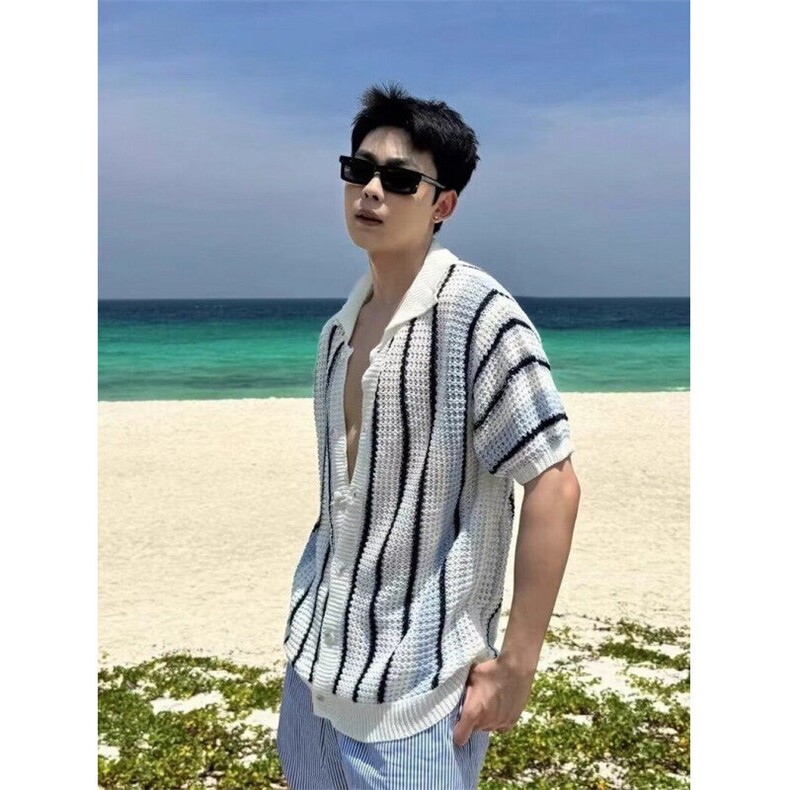 美式条纹镂空针织开衫男网眼透视短袖夏日海岛度假沙滩TZZ102，男装T恤，星座1116A（原606A-3）