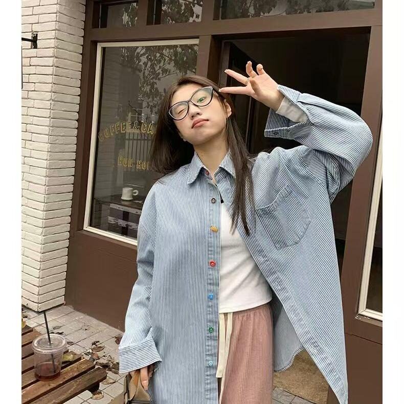 韩系小清新减龄撞色条纹衬衫男女春秋独特别致彩色扣休闲衬衣,男装衬衫,星座1210-1
