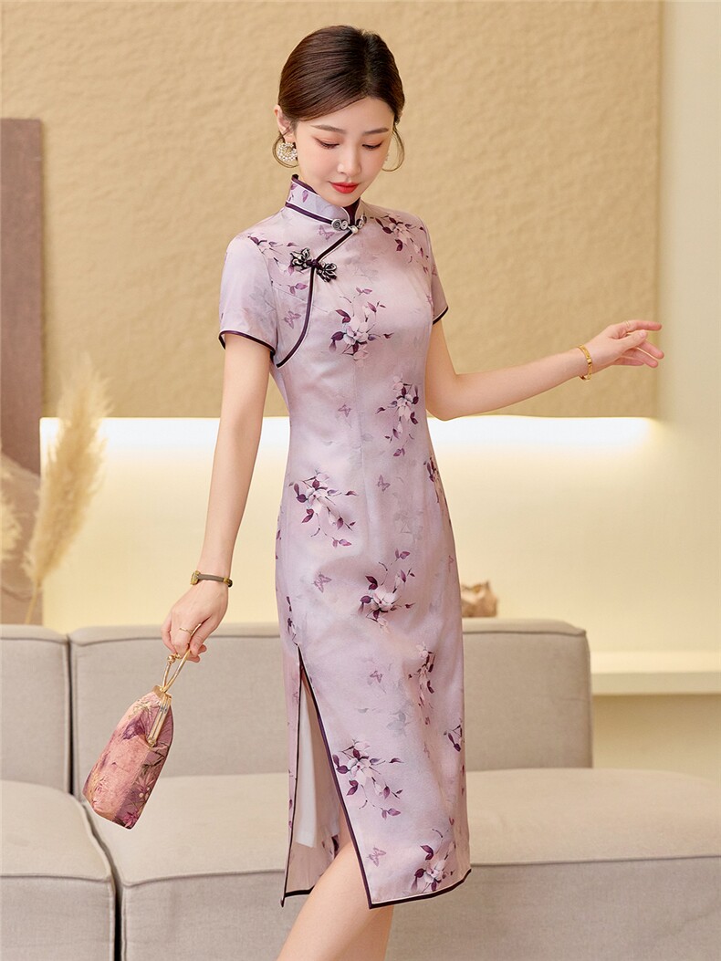 杭州品质真丝长裙复古印花连衣裙女春夏日常修身潮流真丝旗袍,女装汉服/婚纱/旗袍/礼服,小荷流