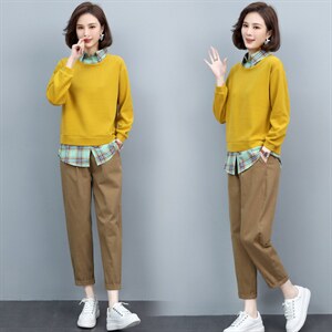 长期现货，复古拼接假两件卫衣女百搭新款女装套装图片