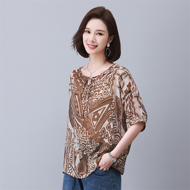 时尚宽松印花系绳短袖上衣 舒适百搭显瘦女装衬衫图片