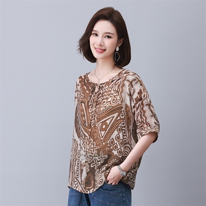 时尚宽松印花系绳短袖上衣 舒适百搭显瘦女装衬衫图片