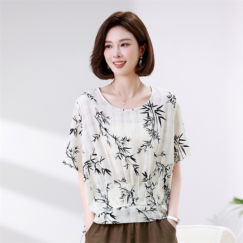 时尚竹叶印花宽松短袖T恤女夏季新款韩版百搭显瘦上衣,女装衬衫,叶笙衣