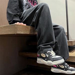 港风秋冬重工绣花华棉拖地裤宽松休闲长裤男K23315-P55图片