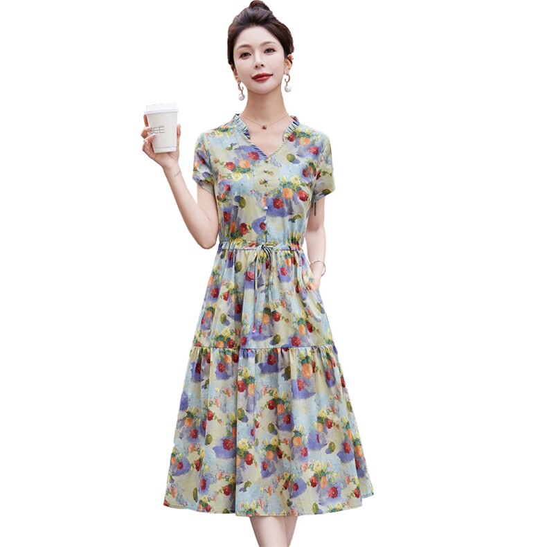 红色碎花短袖连衣裙女夏2024新款减龄木耳边领收腰显瘦纯棉a字裙,女装连衣裙,鑫思依格