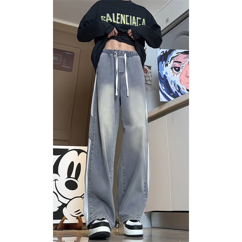 三杠条纹拼接秋季新款牛仔裤男美式高街vibe裤子潮-A1218TP48控78,男装牛仔裤,电商B241
