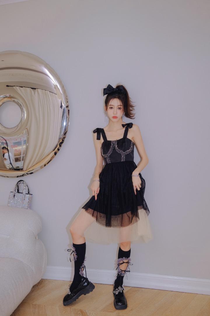 现货ceelphy浪漫网纱拼接撞色蝴蝶结背带裙,女装其它,ceelphy