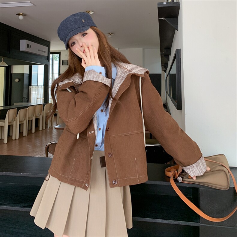 焦糖色设计款抽绳连帽短款外套女2025秋季新款慵懒高级感宽松外套，女装短外套，帛锦泉