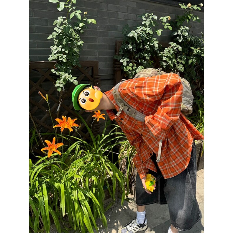 （网图慎用）特批P33无差价秋季港风橙色格子大码长袖衬衫男C5468,男装衬衫,电商A001-1