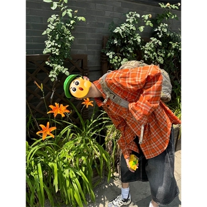 （网图慎用）特批P33无差价秋季港风橙色格子大码长袖衬衫男C5468,男装衬衫,电商A001-1
